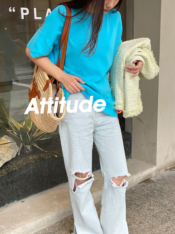 New year in early spring! [attitude] pierced casual slim slit jeans as1662-1# XYJ