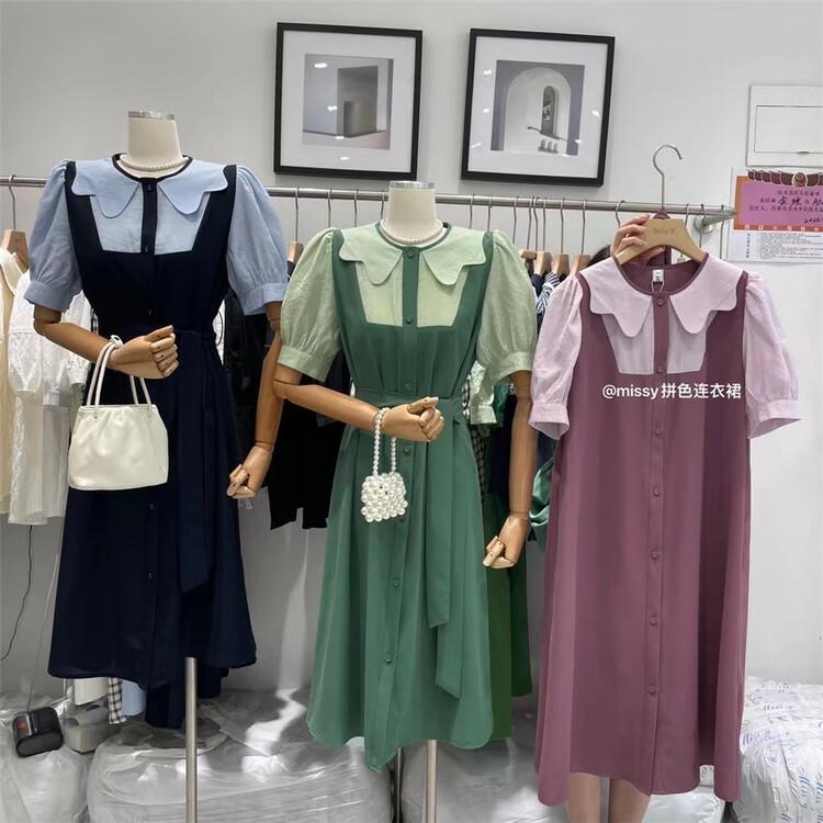 New in early summer! [miss. Y] Korean color blocking design bubble sleeve dress (with belt) 9001# zxx