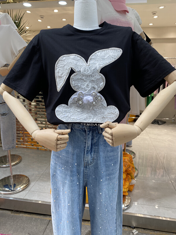 New in early summer! [NN] Korean casual heavy craft lace rabbit short sleeve T-shirt 9563# XYY