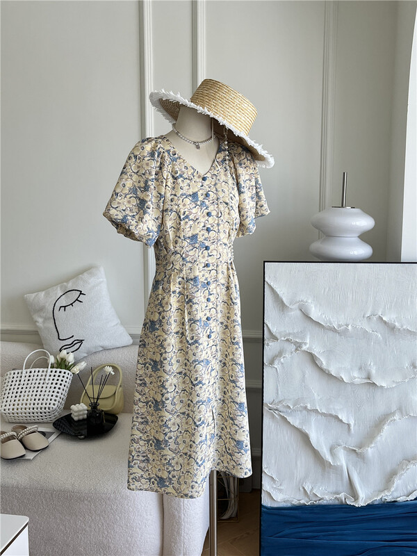 [um micron] Korean style printed high waist dress 66321# hjy