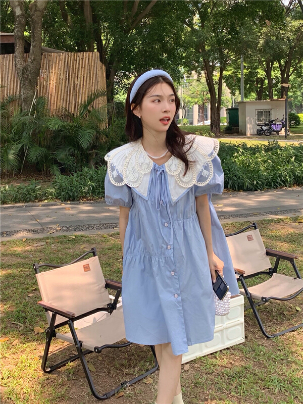[dolly] heavy industry double-layer ribbon embroidered doll neck versatile dress 9986# LSW