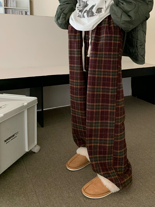 New year in early spring! [timely rain] Han Feng ins Vintage Wool Plaid wide leg high waist casual pants 78539# YYW