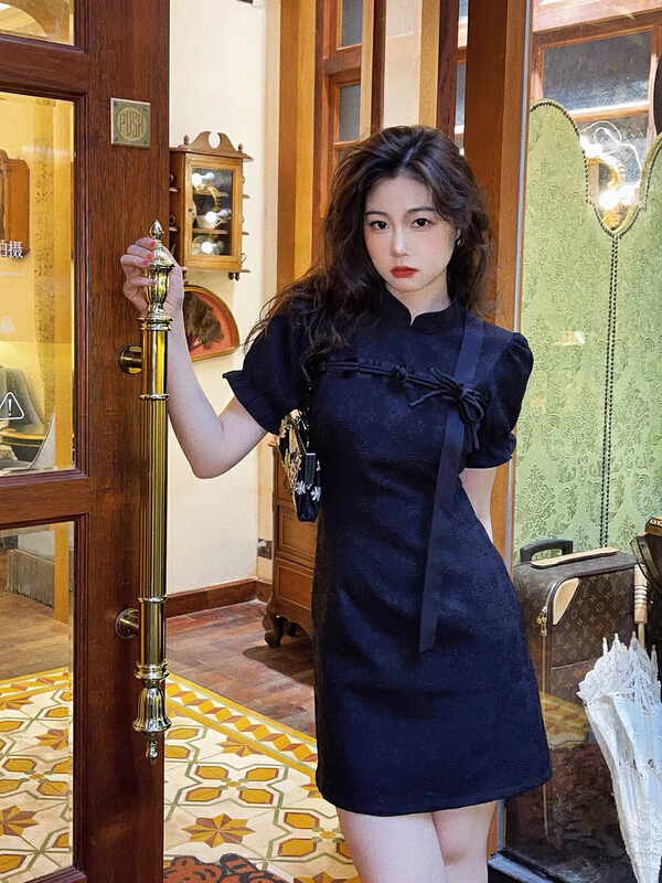 [savage] cheongsam stitched bow ribbon bubble sleeve dress e8093# WPL