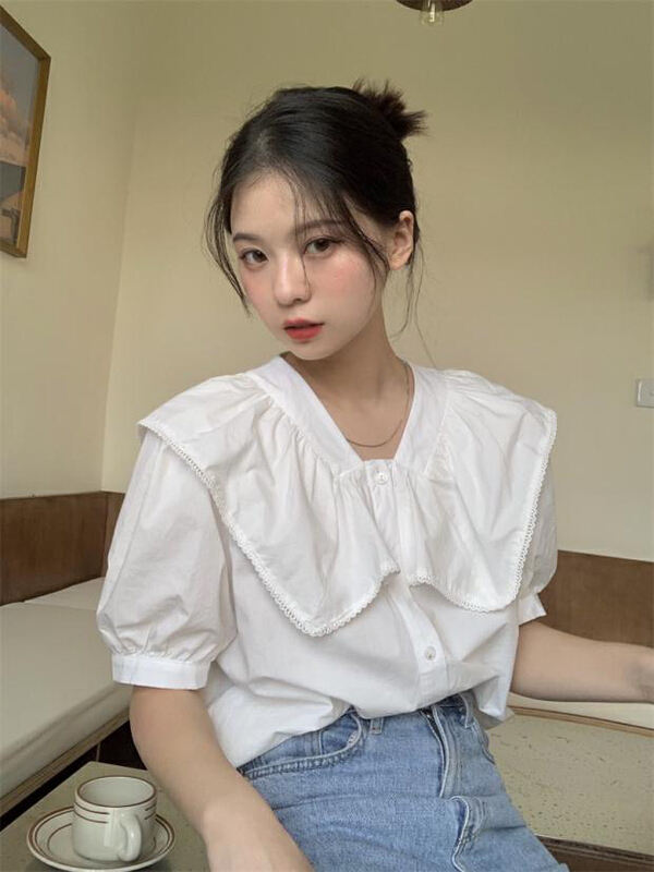 [timely rain] Han Feng ins sweet design baby collar bubble sleeve shirt 99965# WPL