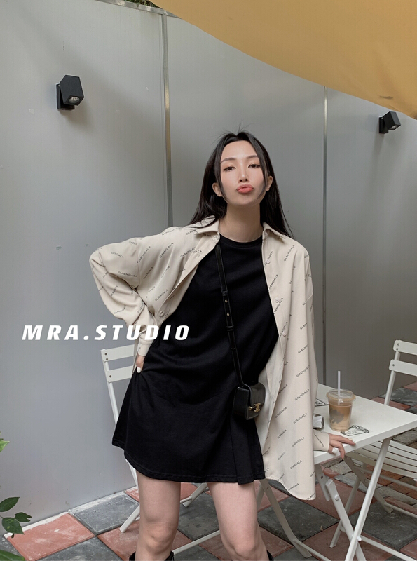goods in stock! New year in early spring! [MRA] fashion all over lettered loose shirt (with belt) j2129# zxl