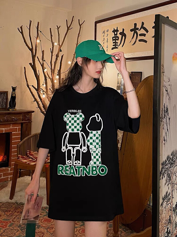 [lab eeda] Vintage harbor style checkerboard bear short sleeve T-shirt 2925# ozq