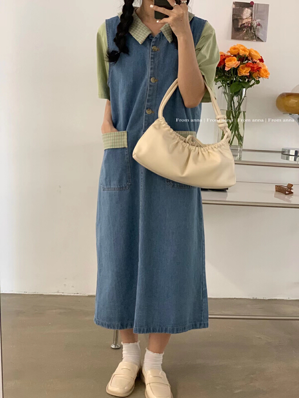 [from Anna] contrast checked collar denim strap skirt 61099# LSW