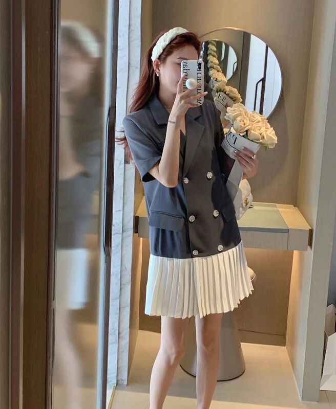 [Aishan] Korean basic stitched pleated suit dress 11393# cqw