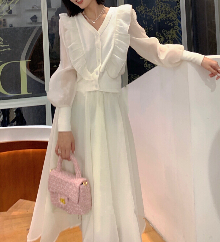 [JH] Xiaoxiang stitched Ruffle knit cardigan + irregular hem skirt suit (only suit) 40906# hjy