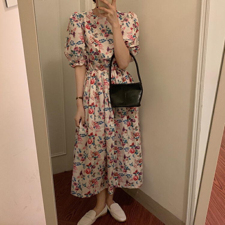 [timely rain] Han Feng ins French retro gentle Department watercolor flower print waist closing dress 42579# WPL