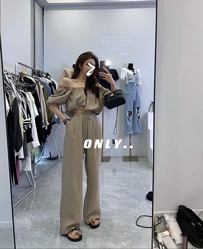 [only] one shoulder short shirt + high waist slim casual pants suit (only suits) 8313# JJ