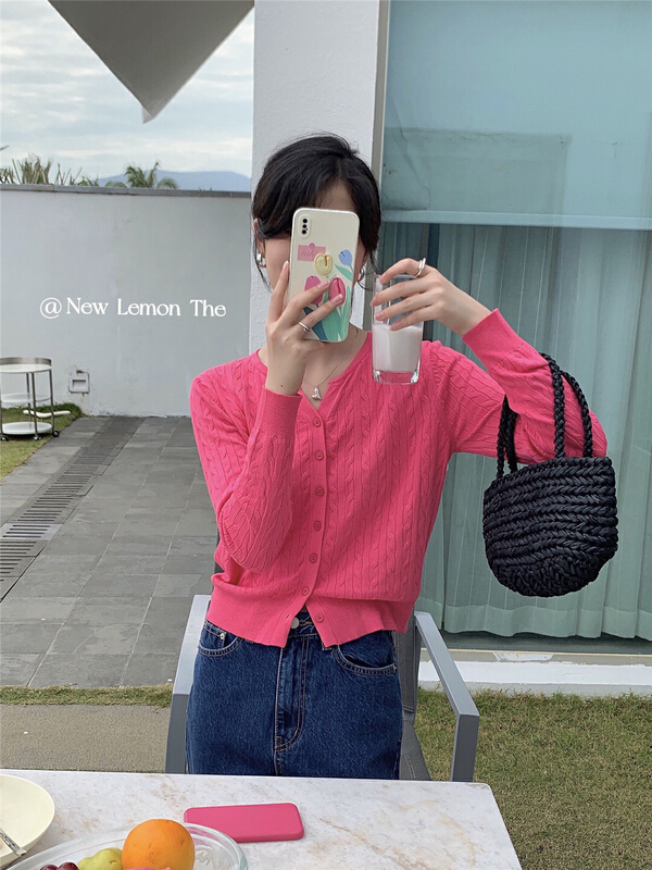 New year in early spring! [lemon green tea] simple solid color single breasted knitted cardigan l-012# hjy