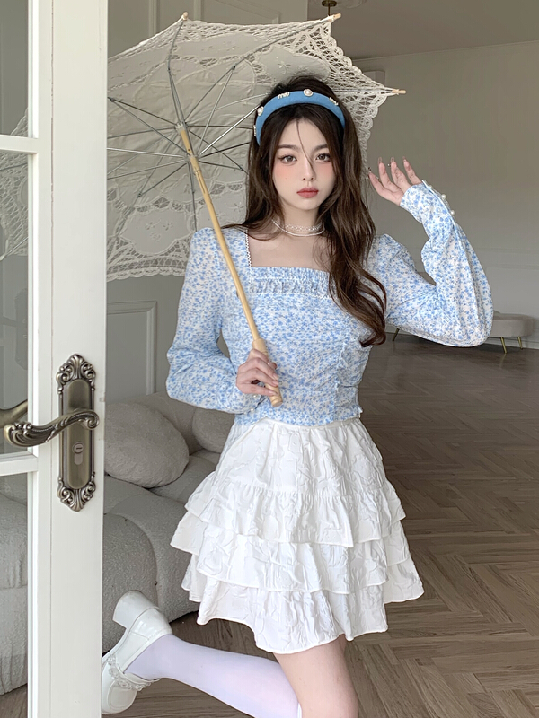 [CXI] square neck collarbone broken flower pleated thin shirt a9032# WPL