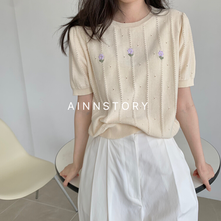 [ainnstory] Korean round neck embroidered short sleeve sweater c198# HBx