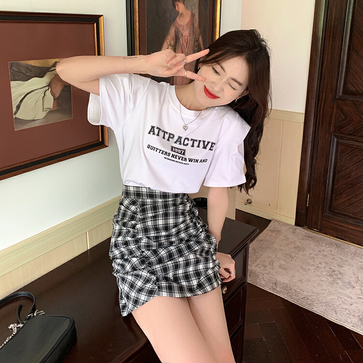 [timely rain] Korean style ins design letter short sleeve + high waist pleated lattice half suit 40458# WPL
