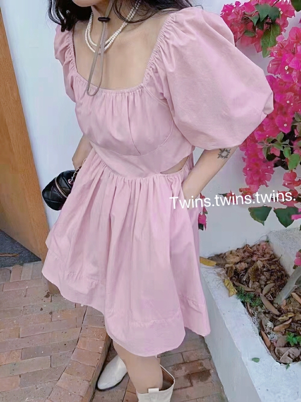 [twins] French style design, hollow out, waist free, bubble sleeve dress 8865# hjy
