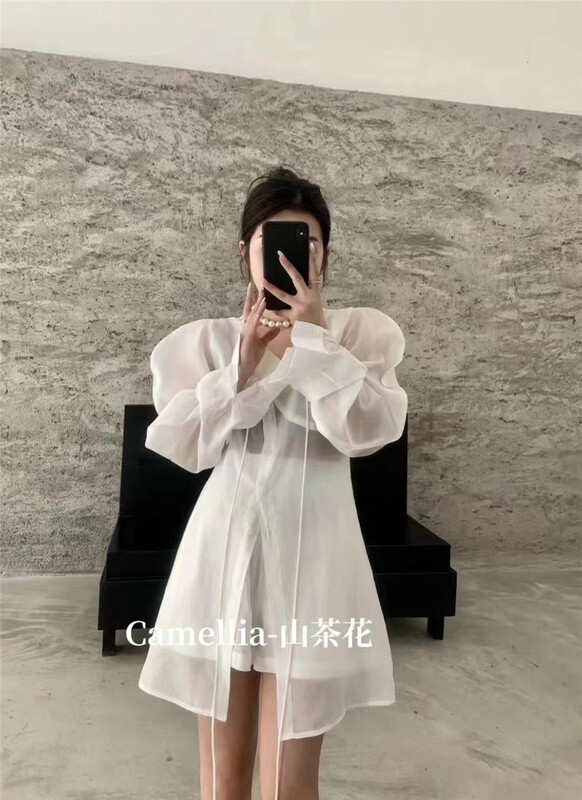 [Camelia] temperament bubble long sleeve V-neck shirt + net color casual Shorts Set 810# hjy