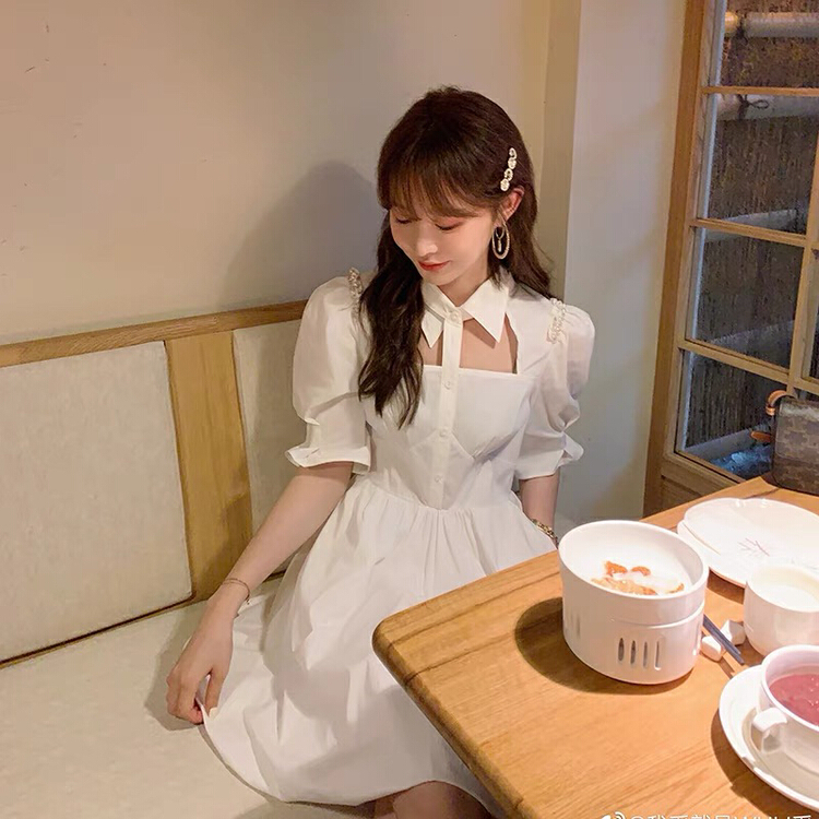 [RM. HH] Korean design sense hollowed out polo collar bubble sleeve dress ys2-361# ozq
