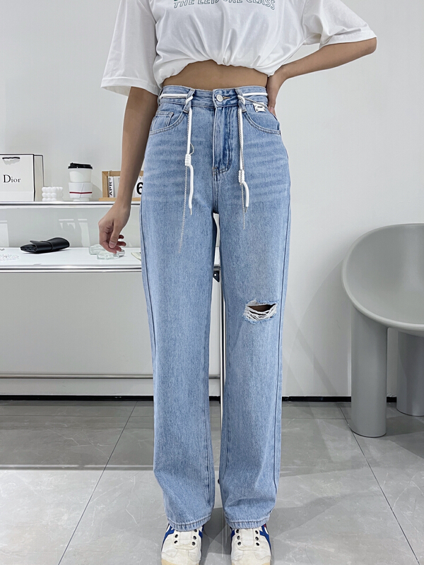 [star] High Waist Wide Leg Jeans with holes (with waist rope) ps7001# CLS