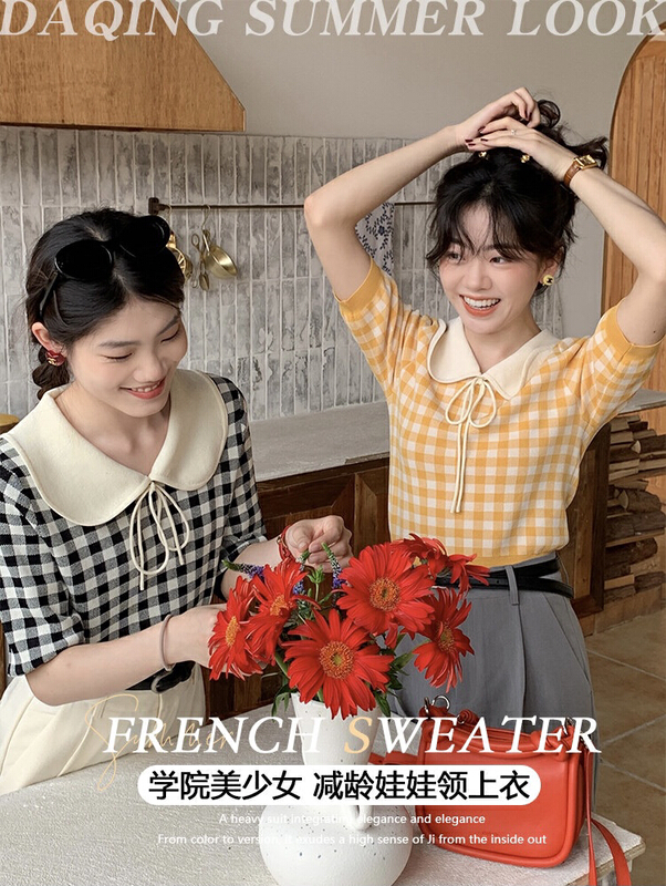 New in early summer! [smile baby] Korean college style age reducing doll collar tie bow check knit b3010# WPL