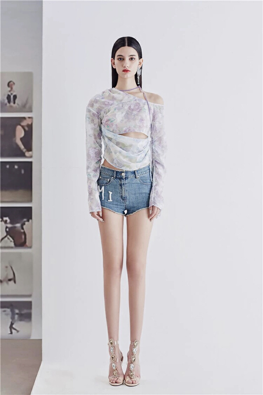[AC] printed stitching lace up cut out slim fitting long sleeve T-shirt 6942# JJ