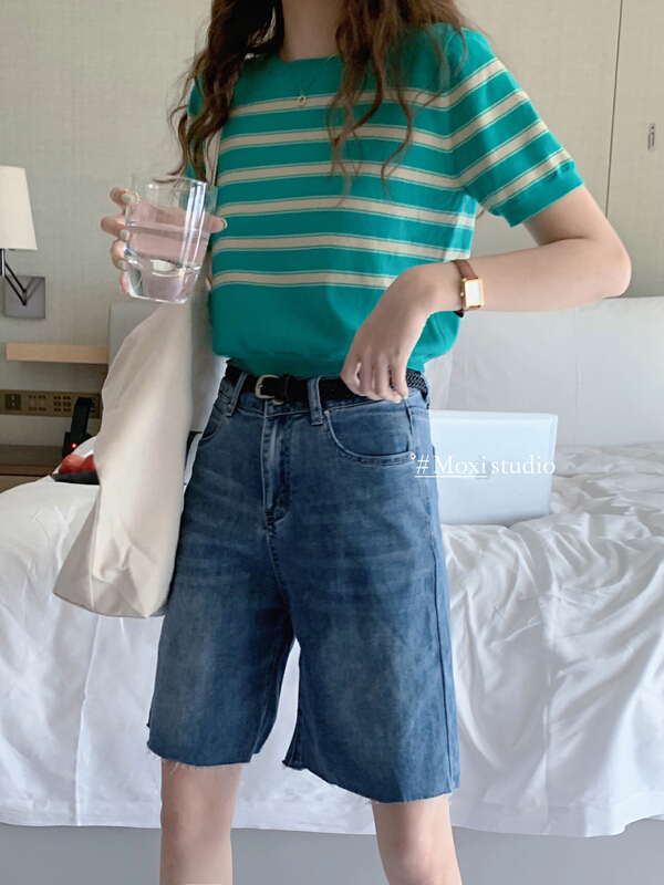 [Moxi] Korean style simple and versatile contrast color short sleeve knit shirt 6836# XJ