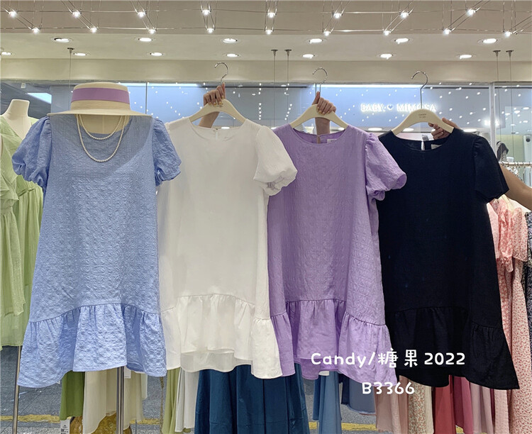 【CANDY糖果】韓系圓領泡泡袖提花連衣裙  YS1-3366#  ZJY