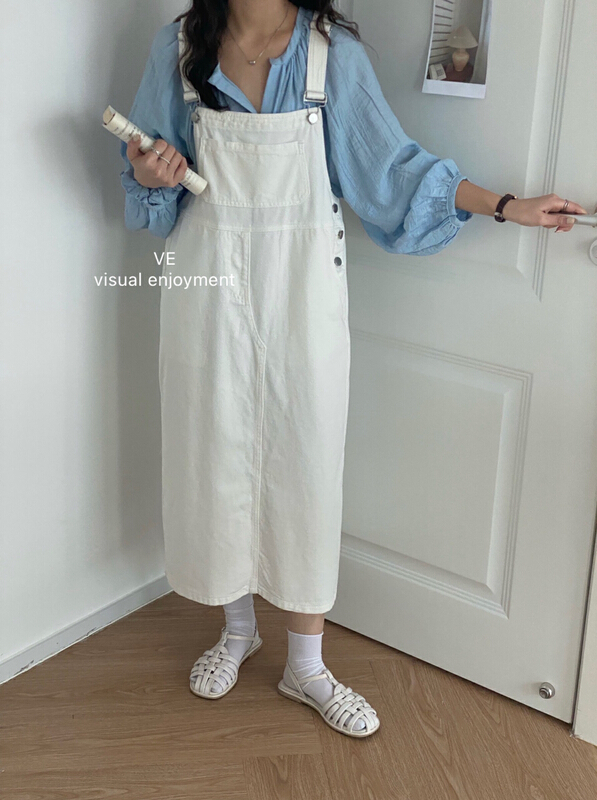 [ve] Japanese slim solid denim strap skirt 806# HBx