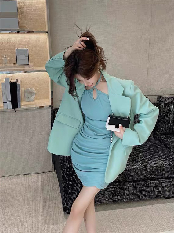 [c.h.z] neck draped dress + atmospheric suit coat set (only suit) 90667# WTT