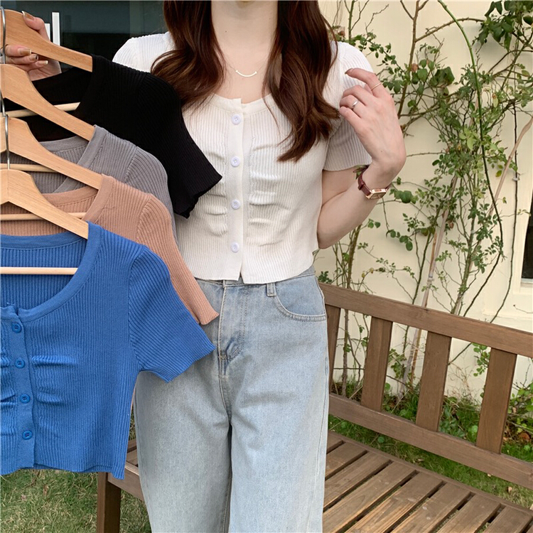 New in early summer! [F.P.] pleated short sleeved single breasted sweater 9a40-1# HBx