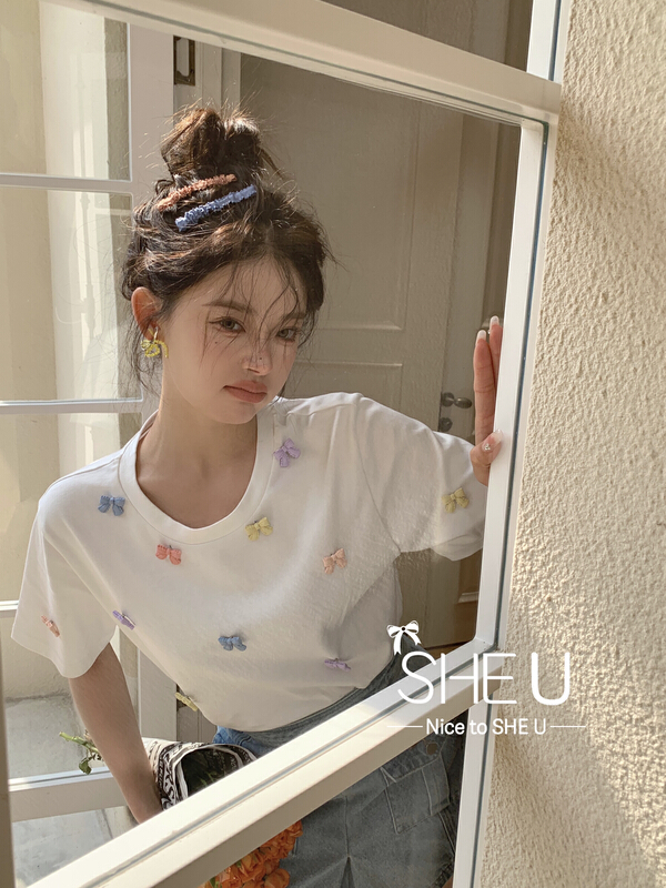 [she u] sweet three-dimensional bow versatile short sleeve T-shirt (bow can't be removed) c50262# cqw