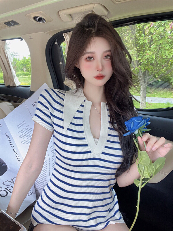 [Doudou family] bandage backless striped blouse 88301# CLS