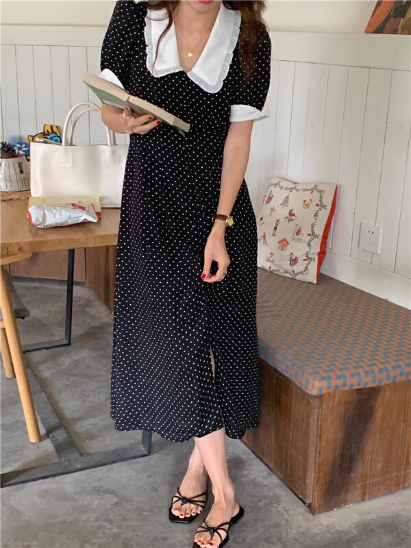 New year in early spring! [timely rain] Han Feng ins temperament French retro wave point color blocking waist thin dress (dress only) 57098# WPL