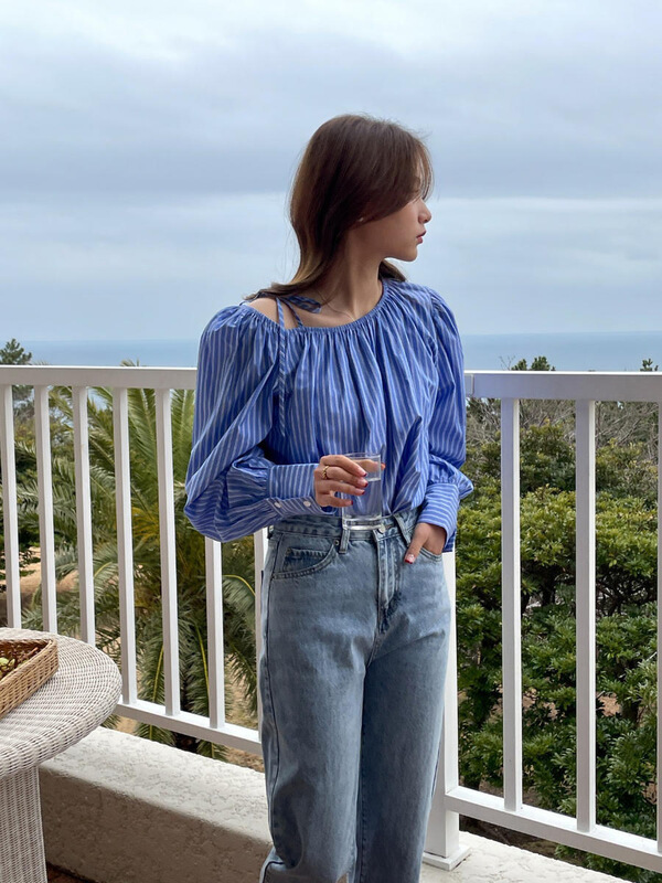 goods in stock! New year in early spring! [acme group] Korean version of Harajuku style one shoulder stripe shirt 0878# CLS