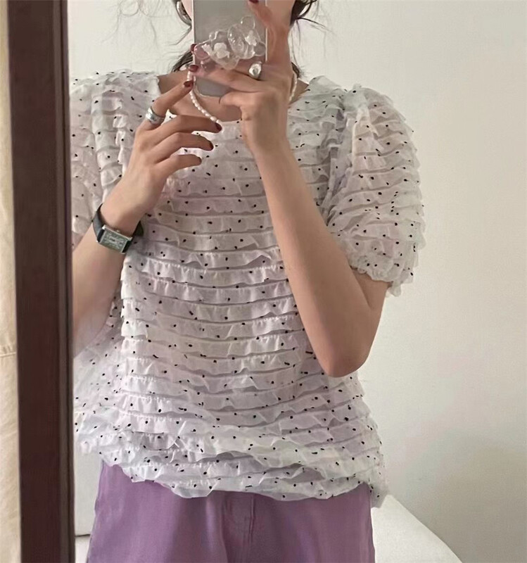 現貨!【MORE FREE】法式減齡泡泡袖波點小衫  963#  LWY