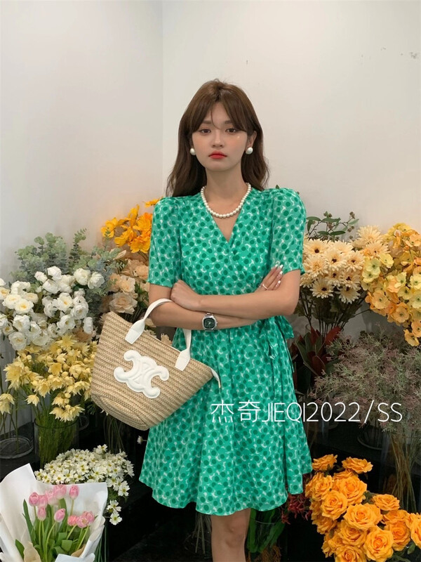[Jieqi] French V-neck waist print dress 88582# zxx