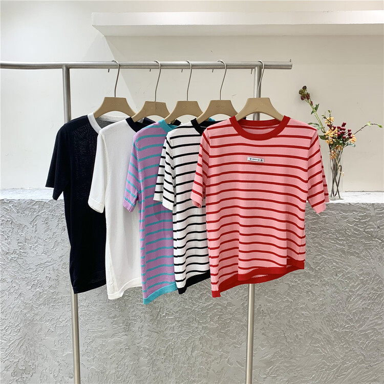 [Weika] Korean versatile stripe short sleeved sweater 8228# lwy
