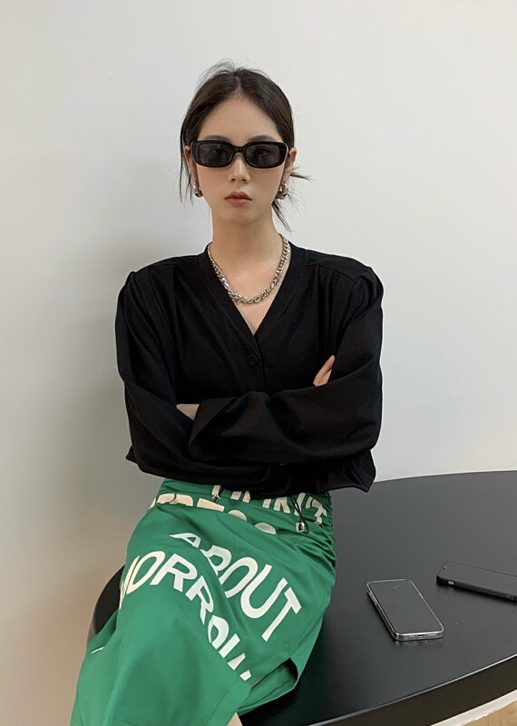 [ov] V-neck drawcord single breasted sweater l4903# zxl