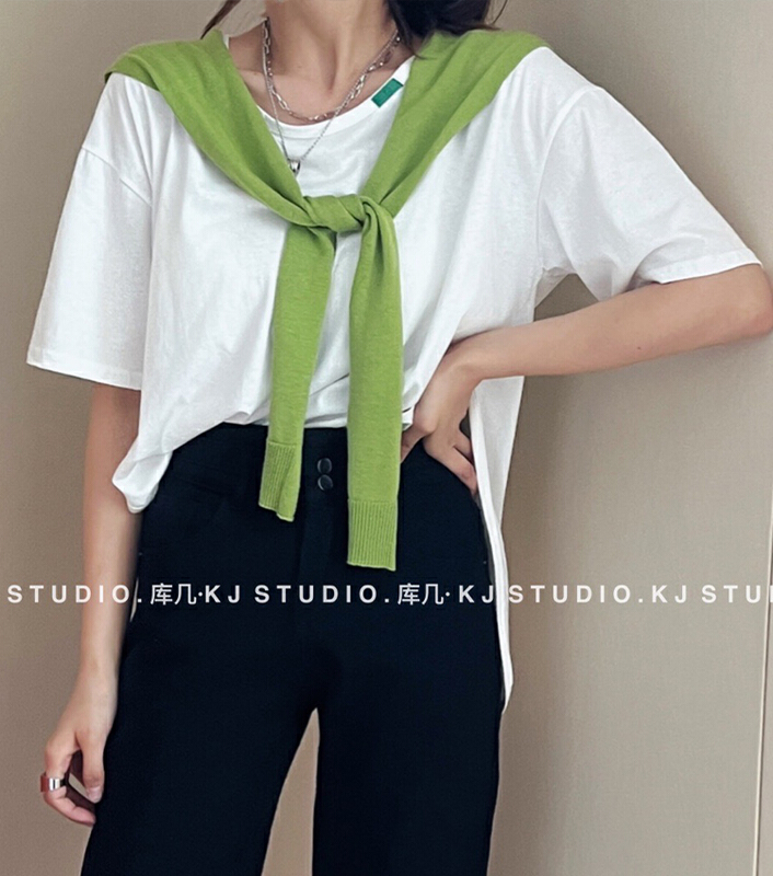 New in early summer! [kJ] design side slit big crew neck lazy short sleeve T-shirt 3255# zxl