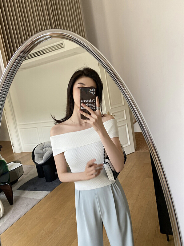 [savage] French Korean solid color flannel off the shoulder knit e8250# WPL