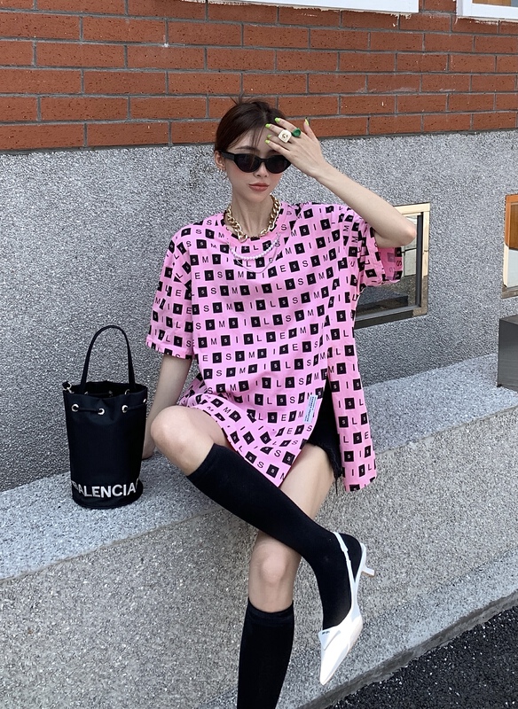 [our] Korean fashion printed split chain short sleeve T-shirt 8791# LSW