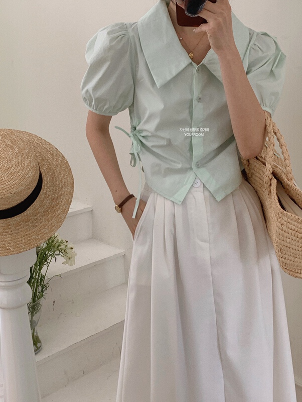 [your room] Korean version Solid Color Bubble Sleeve drawstring short shirt 061# cqw