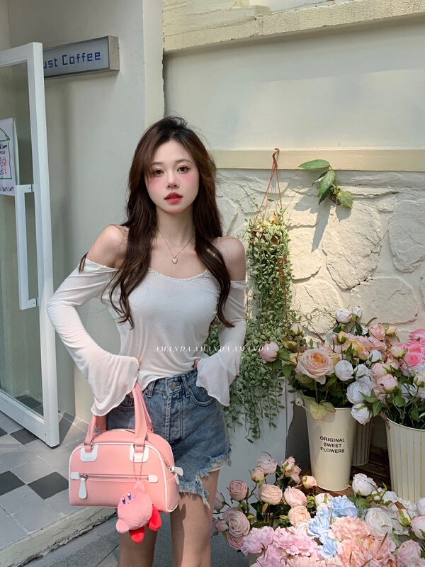 [Amanda] Korean version pure wind chain off shoulder sunscreen shirt 9270# PCZ