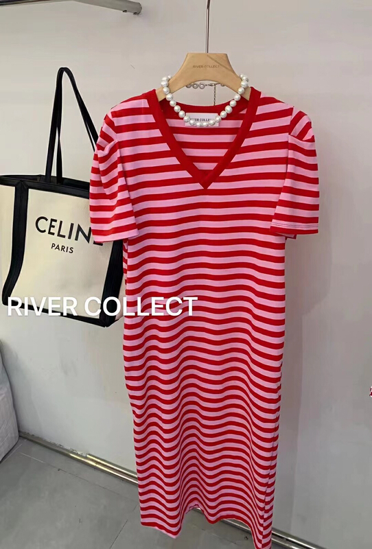 [River collect] long striped T-skirt dress 2622# zxl