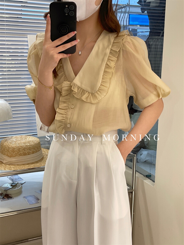 [Sunday morning] Korean version fungus edge design bubble sleeve shirt 6980# zjy