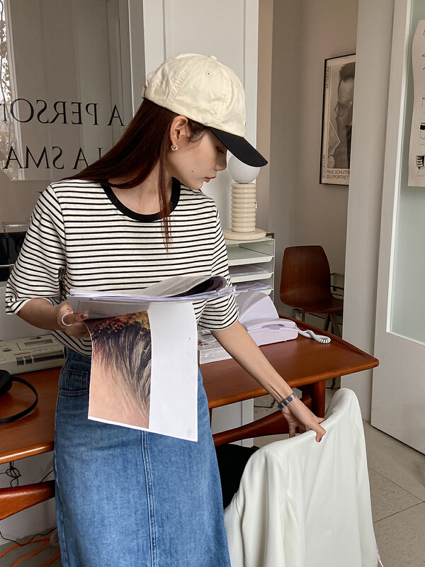 New year in early spring! [C for her] personalized stripe versatile short sleeve T-shirt 5006# hjy