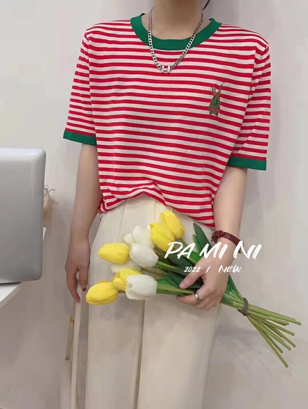 [pamini] cartoon embroidery loose and thin comfortable round neck sweater 22125# Cl