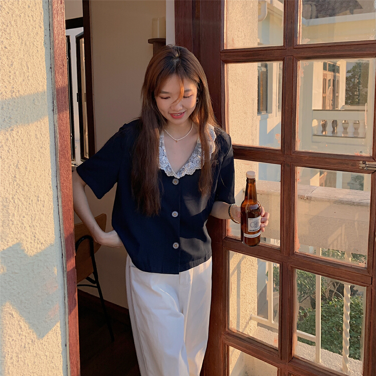 In early summer! [timely rain] Han Feng ins temperament small fragrance lace Lapel short small suit thin shirt 77755\wpl