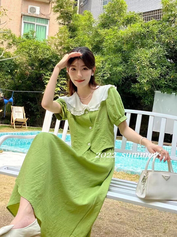 New in early summer! [JH] sweet lotus leaf collar button up blouse + slim skirt two piece suit 41394# PCZ
