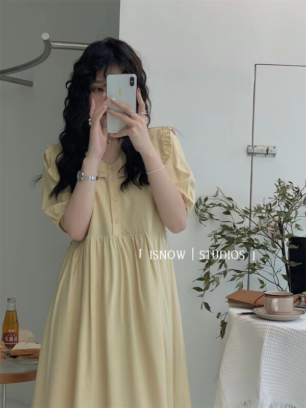 [I snow] academy style Navy collar short sleeve long skirt dress ys2-312271# WPL